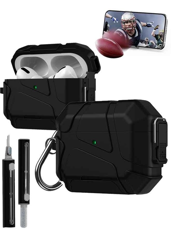 جراب AirPods Pro الجيل الثالث (إصدار 2025 الجديد)، مزود بقفل آمن وحامل للهاتف، متوافق مع AirPods Pro الجيل الثالث، مع طقم تنظيف - أسود - Image 1